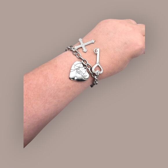 Guess Heart Key Cross Silver Charm Bracelet with Rhinestones - Picture 7 of 10